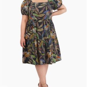 Vince Camuto Plus Sz 22W Colorful Leaf Print Cotton Square Neck Dress